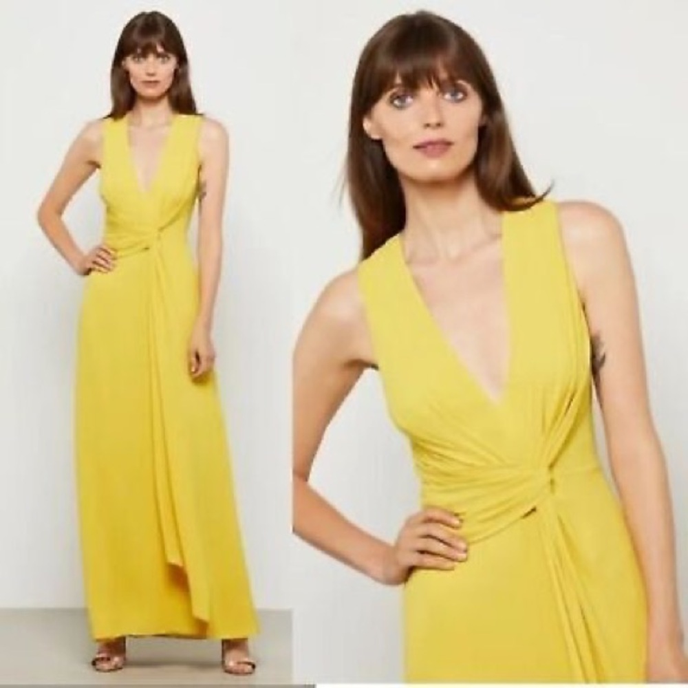 BCBGMaxAzria Yellow Ruched Plunge Maxi Dress